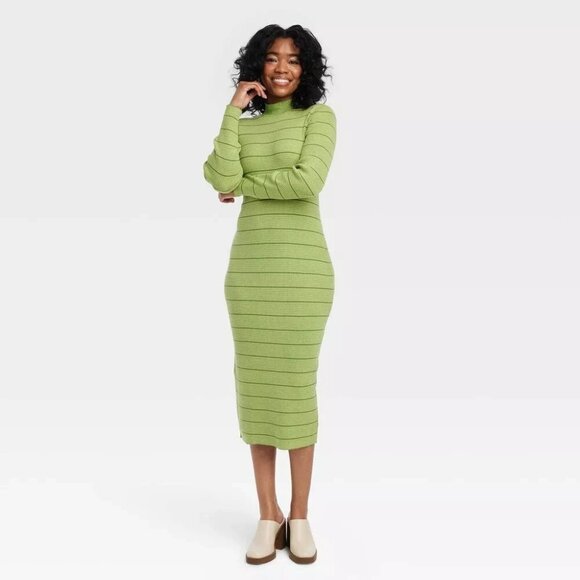 1X - Womens Long Sleeve House of Aama High Neck Maxi Knit Dress - Green - Picture 3 of 7